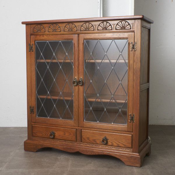 英国 クラシック ブックケース 木彫刻 オーク 本棚 ガラス