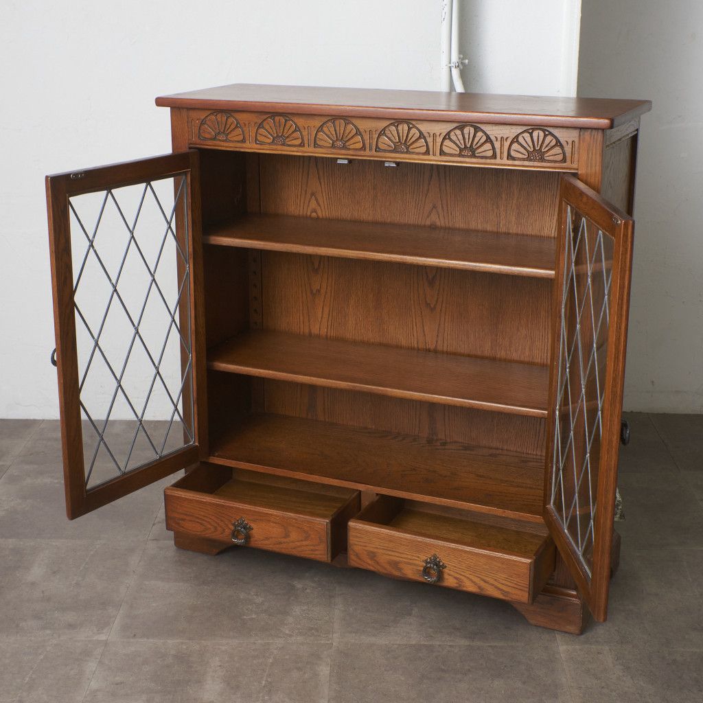 英国 クラシック ブックケース 木彫刻 オーク 本棚 ガラス