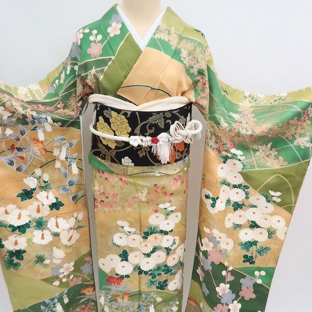 ✾まめ藤✾m1919＊正絹 金駒刺繡 菊 梅 トールサイズ 成人式 手縫い