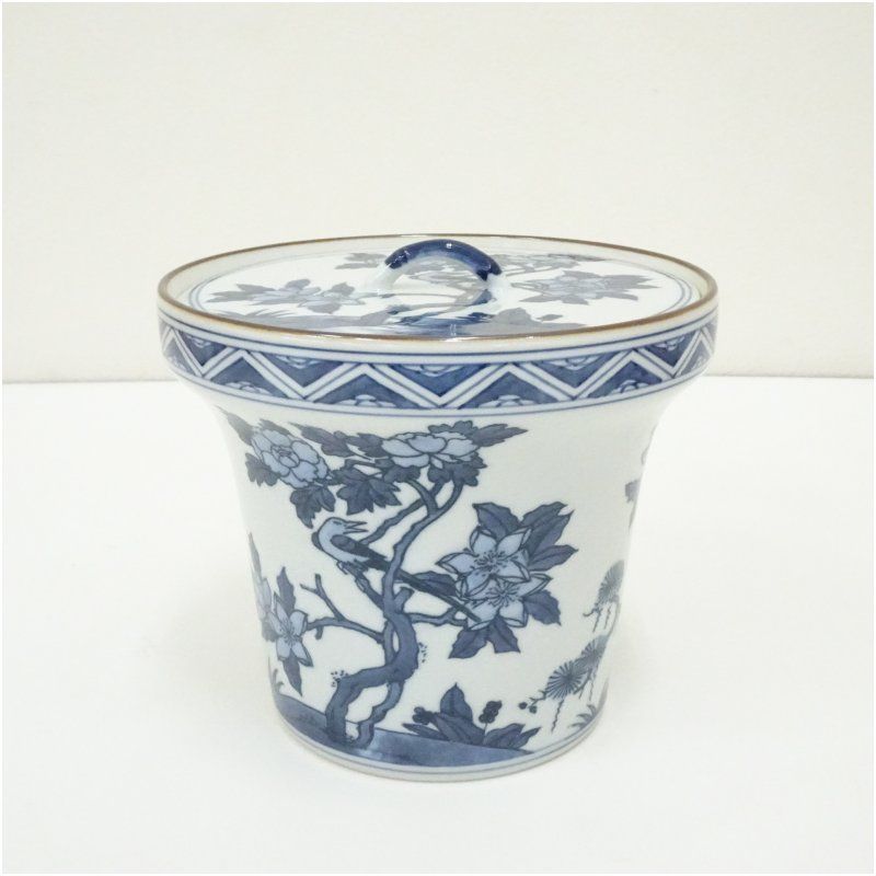 京焼 手塚祥堂造 染付花鳥末広水指（替蓋付）（共箱） 水指し 茶道