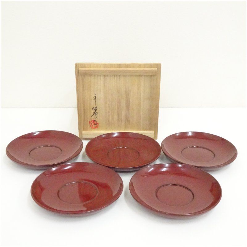 平安堂造 朱漆塗茶托5客（共箱） 茶たく 茶道具 煎茶 煎茶道具