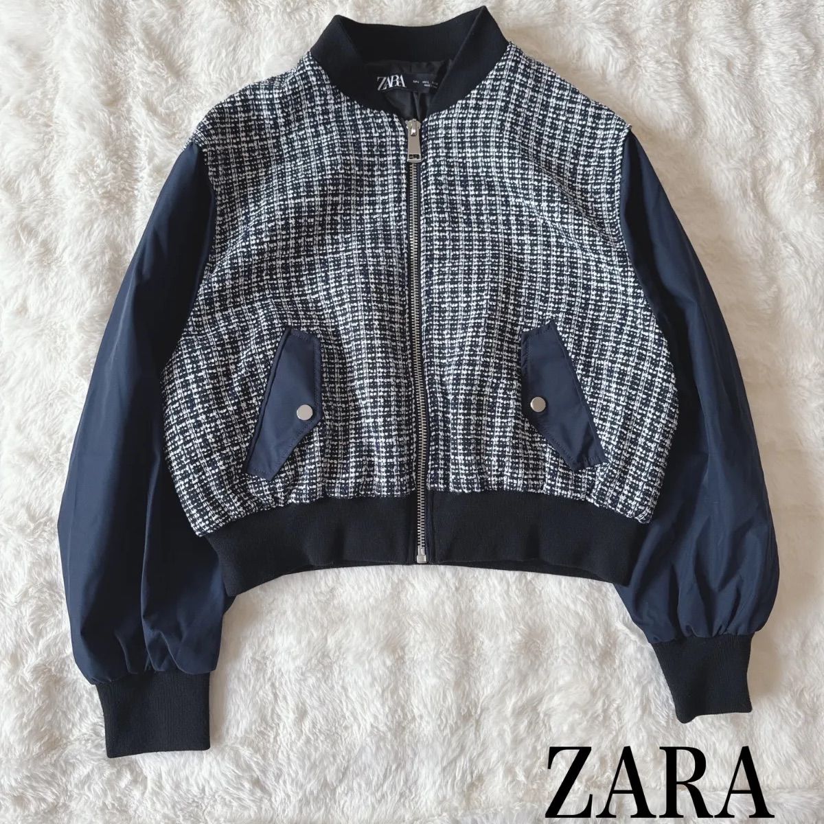 ZARA ツイード切替 ブルゾン MA-1風 ジップアップ ジャケット ブラック