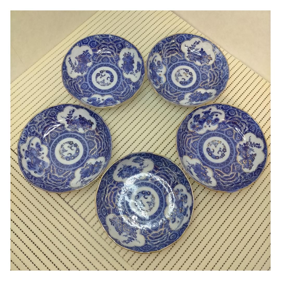明治大正期】伊万里焼 印判金彩膾皿 5客セット 径14.4cm 和食器磁器染