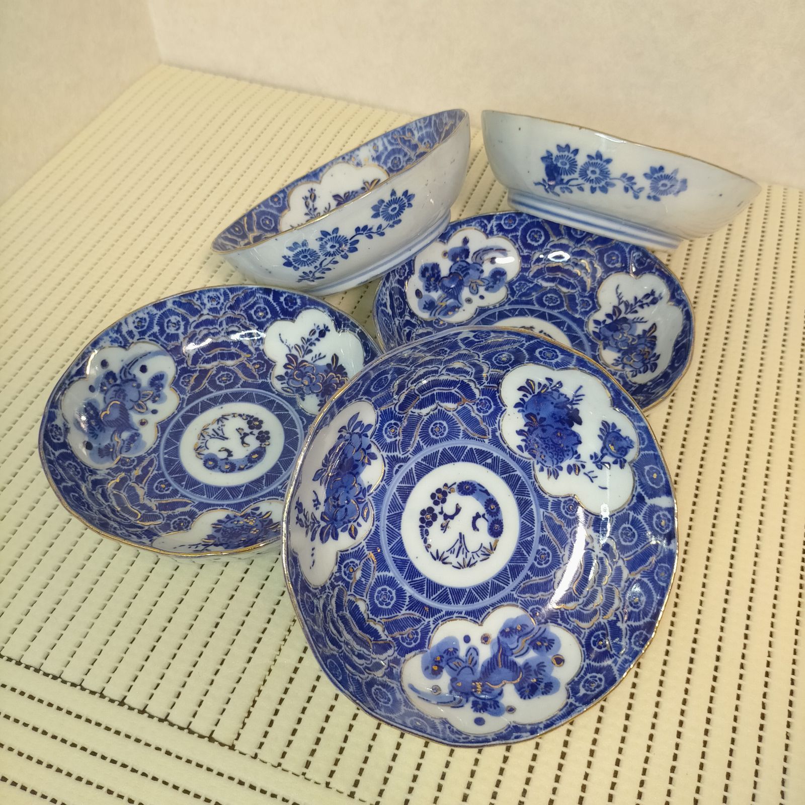 明治大正期】伊万里焼 印判金彩膾皿 5客セット 径14.4cm 和食器磁器染
