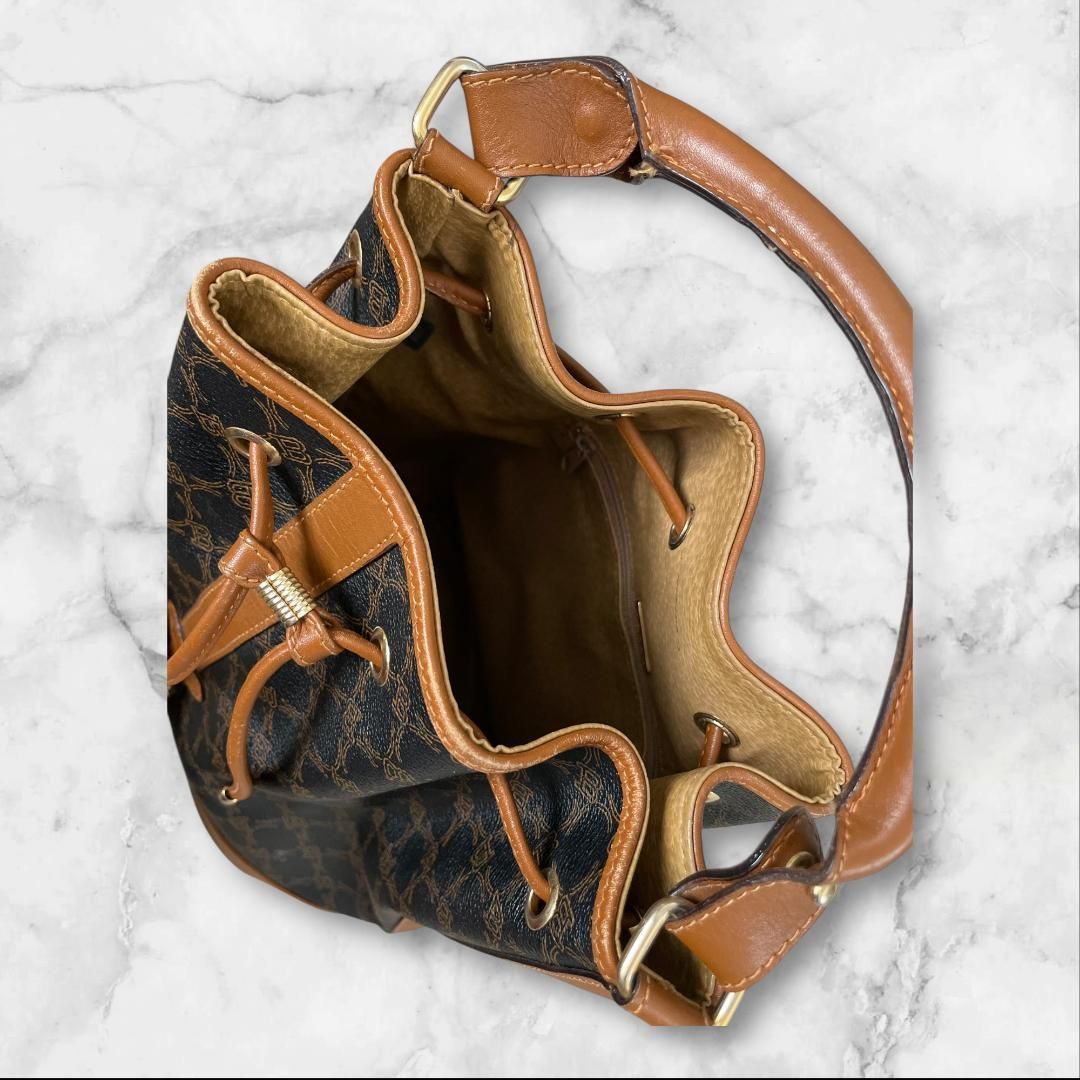 BALLY バリー 巾着型 ショルダーバッグ ロゴ総柄 レザー 茶系 