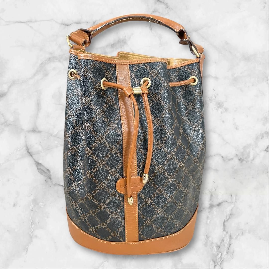 BALLY バリー 巾着型 ショルダーバッグ ロゴ総柄 レザー 茶系 