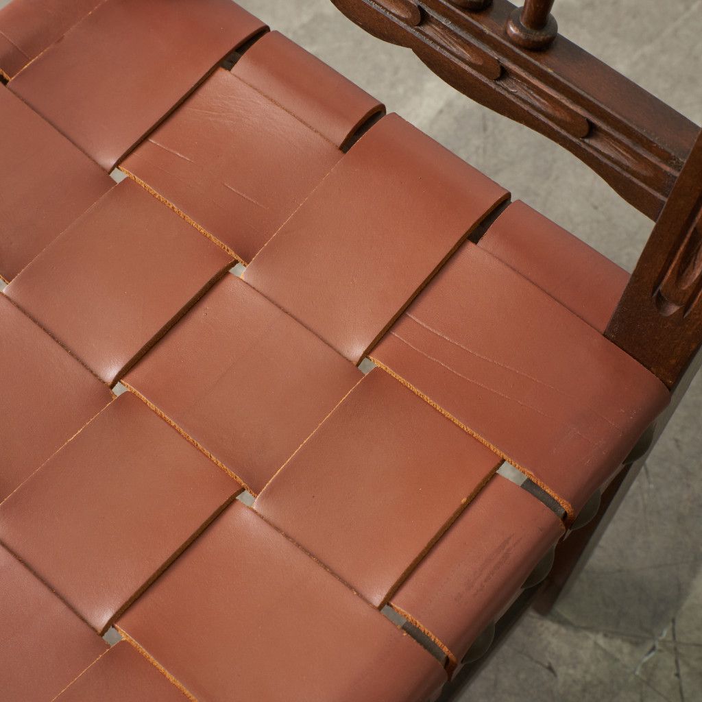 スペイン ヴィンテージ ダイニングチェア 本革 木彫刻 ビーチ 無垢材