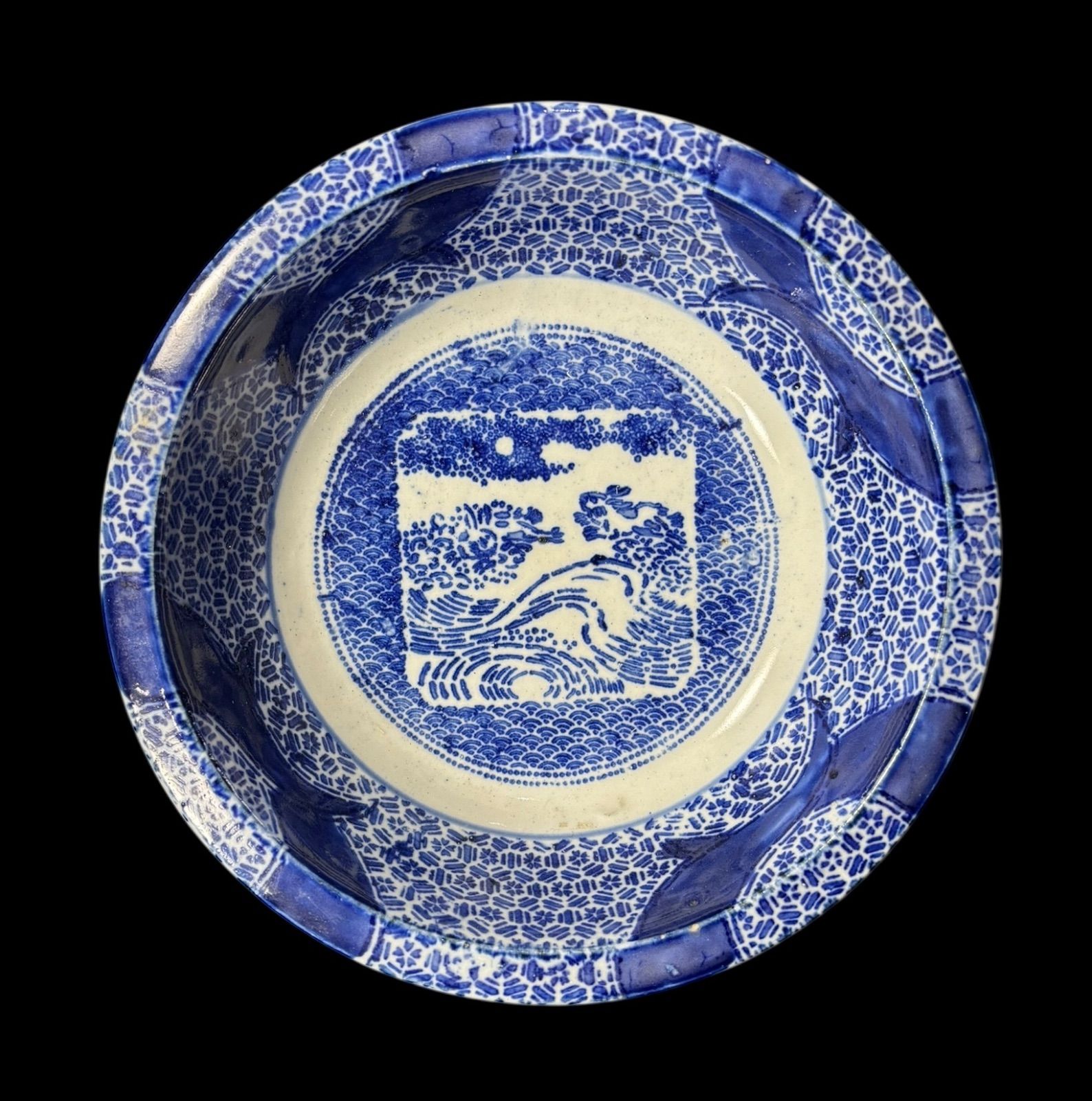 明治期 銅版転写 月に波うさぎ図 印判大鉢 染付 盛り鉢 色絵 鉢 取り皿