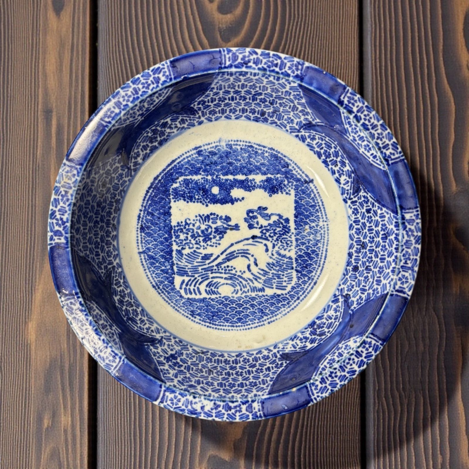 明治期 銅版転写 月に波うさぎ図 印判大鉢 染付 盛り鉢 色絵 鉢 取り皿