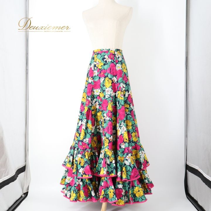 フラメンコ 衣装 ファルダ スカート ネイビー系 ボランテ フリル 花柄