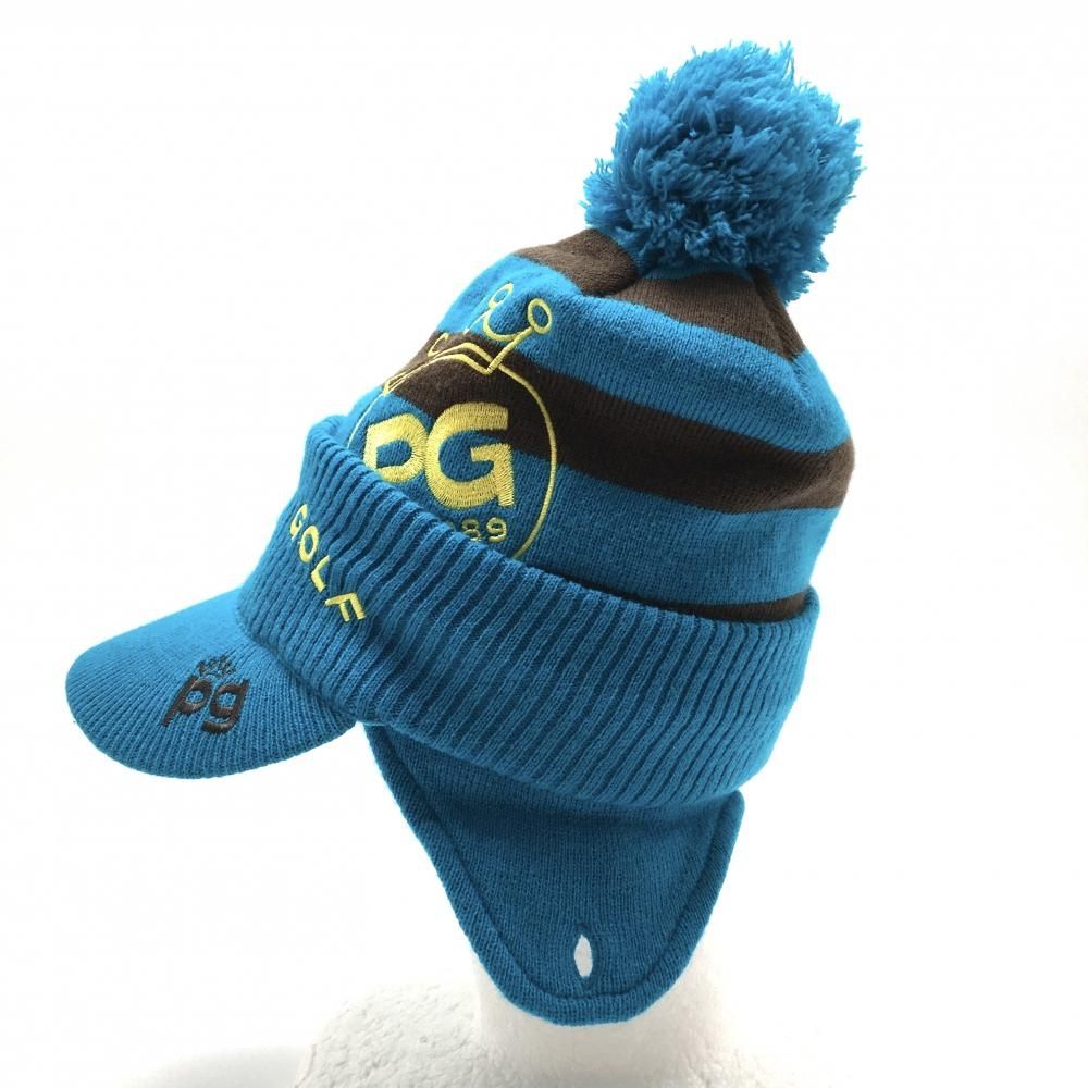 美品】パーリーゲイツ 3WAYつば付きニット帽 ブルー×ブラウン ボーダー