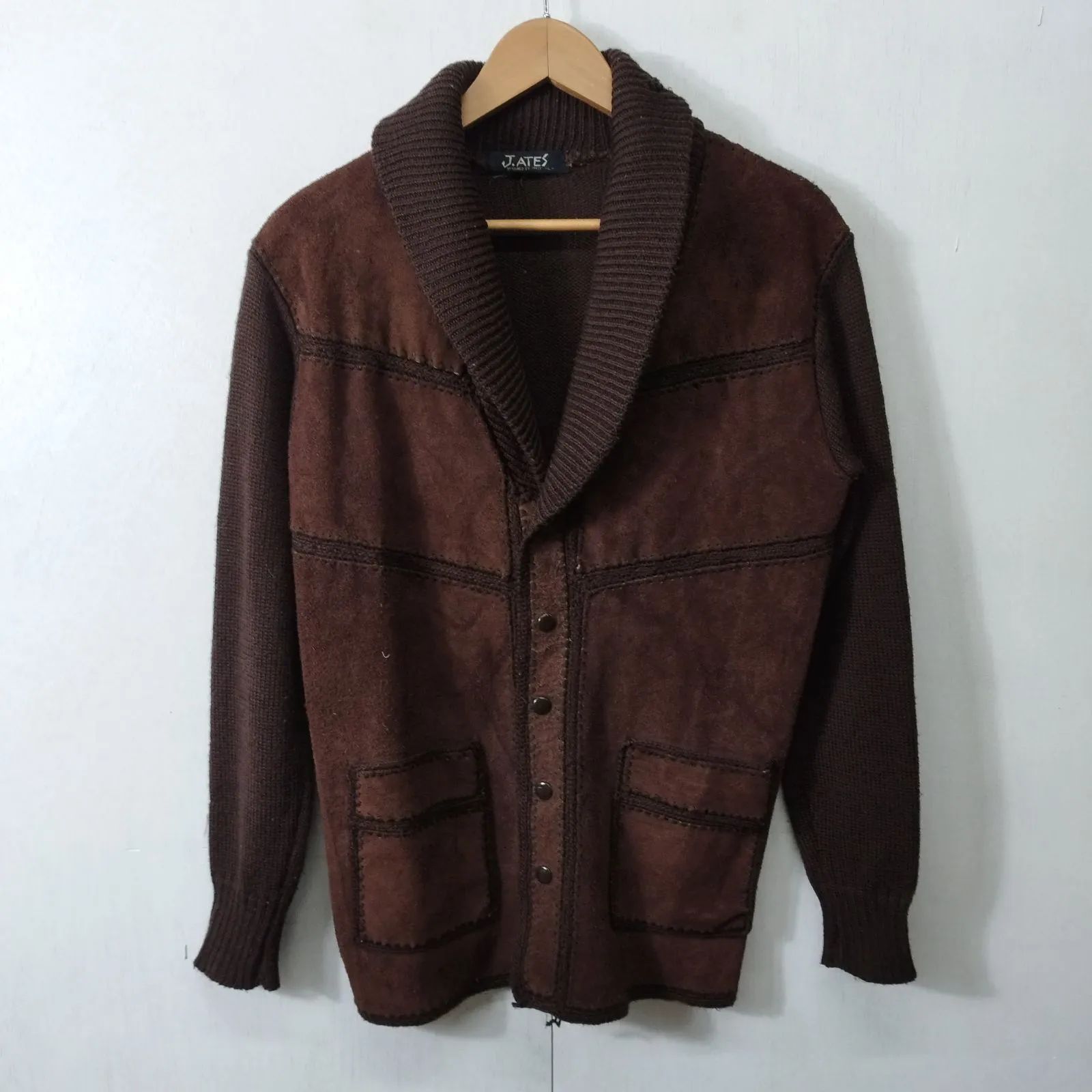 J.ATES スエード ニット ショールカラー カーディガン ドッキング 