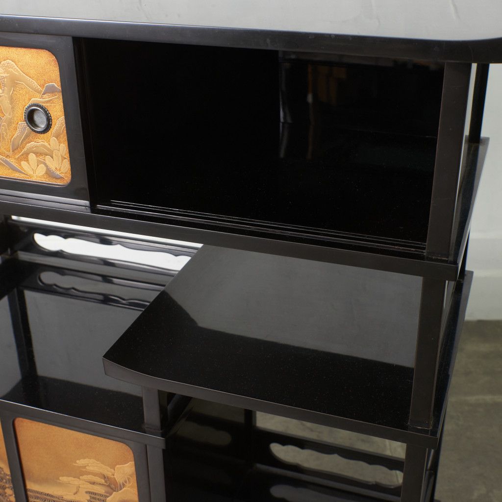 輪島塗 蒔絵 陽斉 銘 漆芸 飾り棚 茶棚 漆黒 漆塗り 蒔絵 違い棚 収納