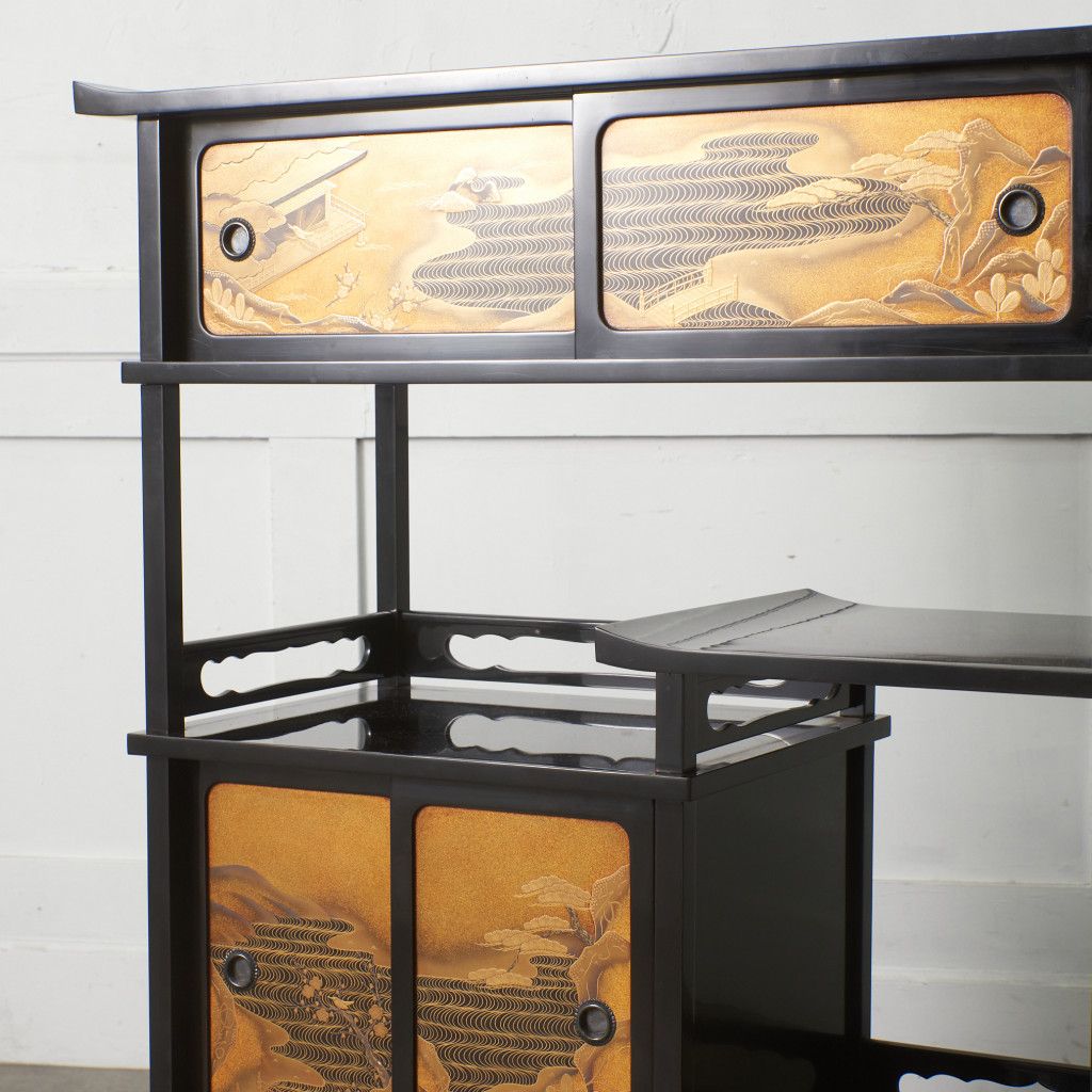 輪島塗 蒔絵 陽斉 銘 漆芸 飾り棚 茶棚 漆黒 漆塗り 蒔絵 違い棚 収納