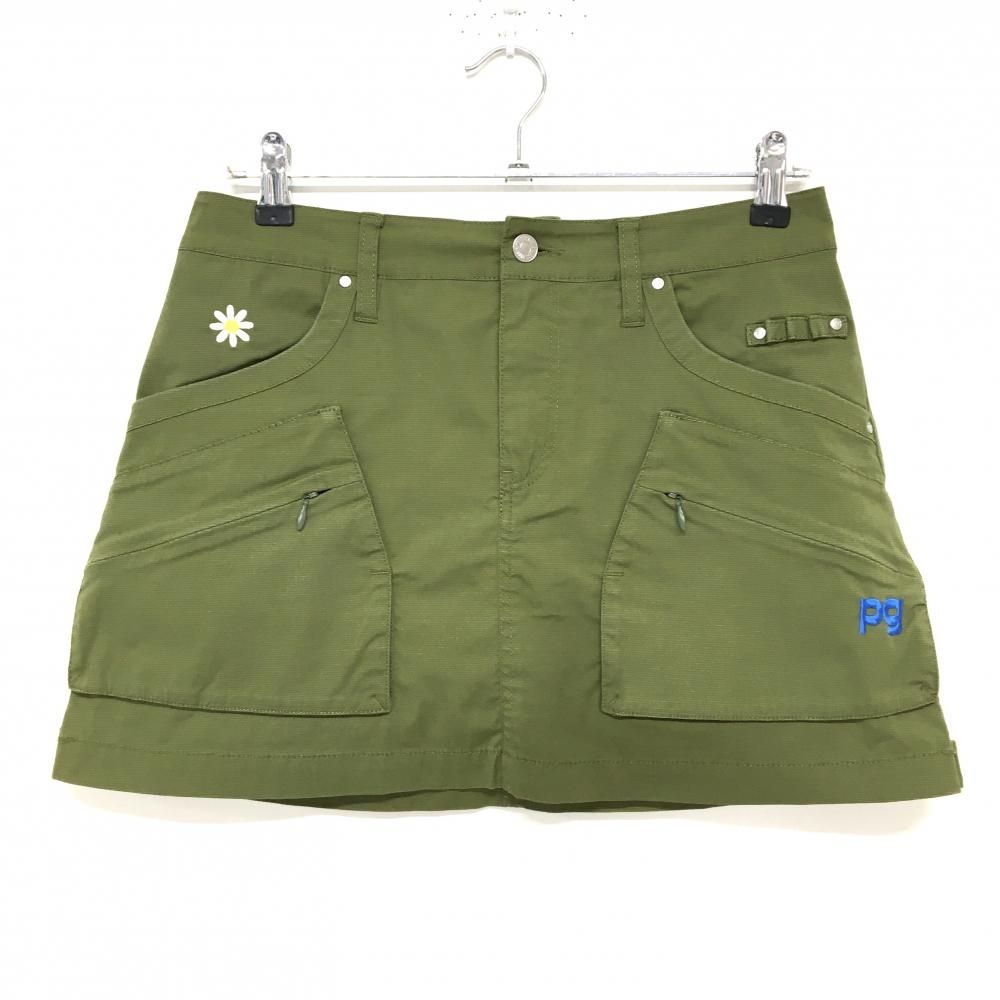 【美品】パーリーゲイツ スカート カーキ 花刺しゅう ティー装着可 ロゴブルー レディース 1(M) ゴルフウェア PEARLY GATES