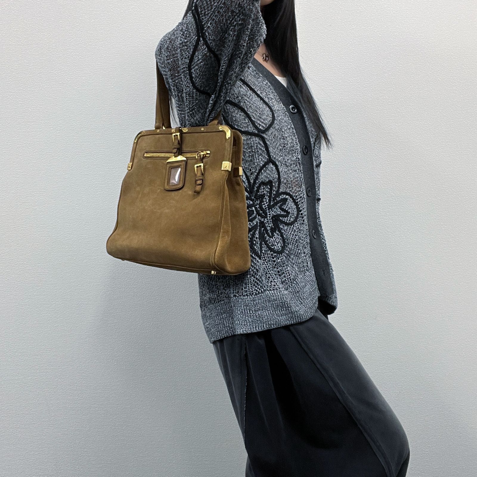 中古】PRADA プラダ トートバッグ ブラウン スエード ヴィンテージ 