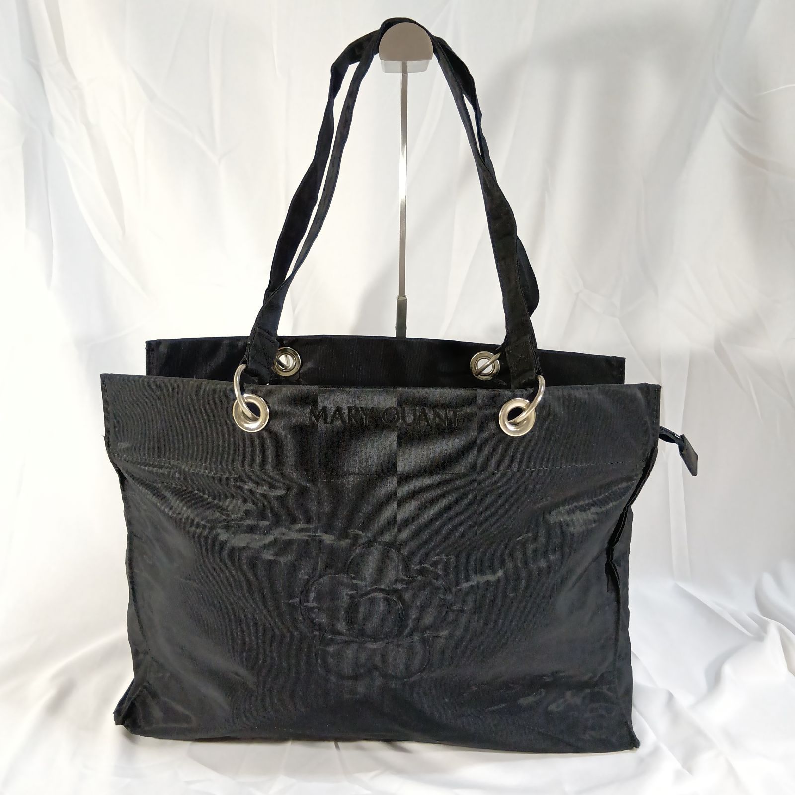 訳あり】マリークワント トートバッグ 黒 ナイロン デイジー 刺繍 A4