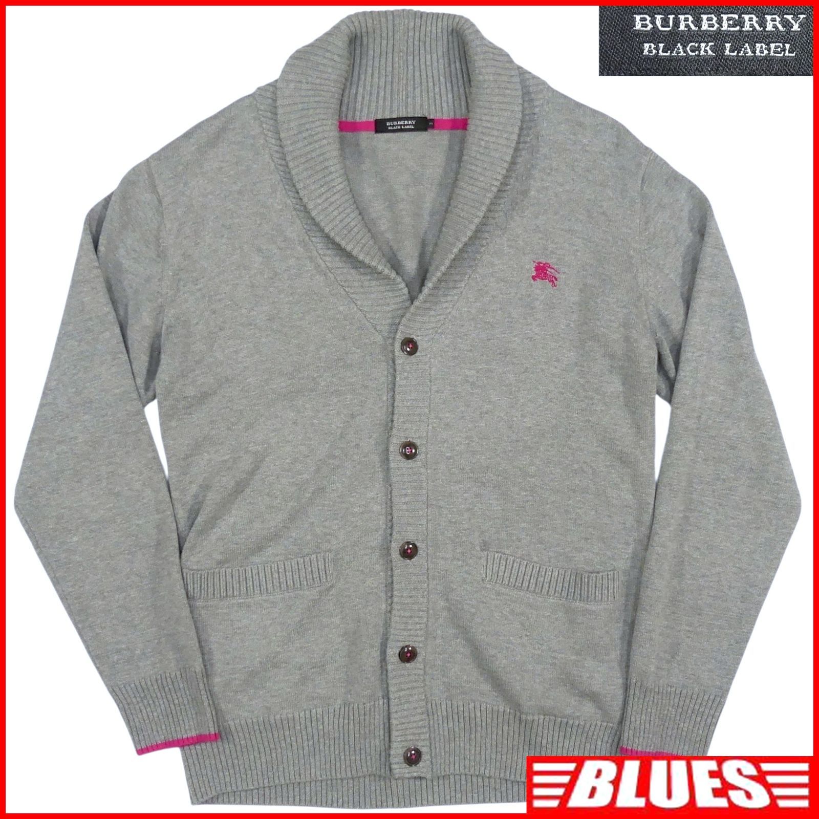 美品【BURBERRY】Vネック カーディガン ロゴ入り グレー XS 長袖