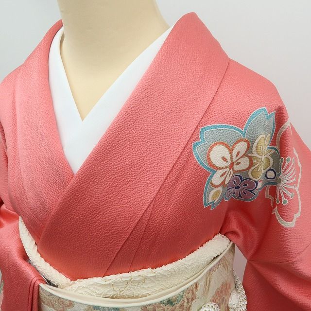✾まめ藤✾m654＊美品 正絹 桜 椿 着物 成人式 手縫い仕立て 振袖単品