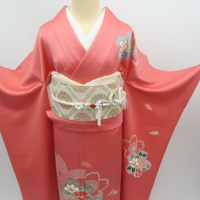 振袖単品　手縫い仕立て ✾まめ藤✾m654＊美品 正絹 桜 椿 着物 成人式 手縫い仕立て 振袖単品