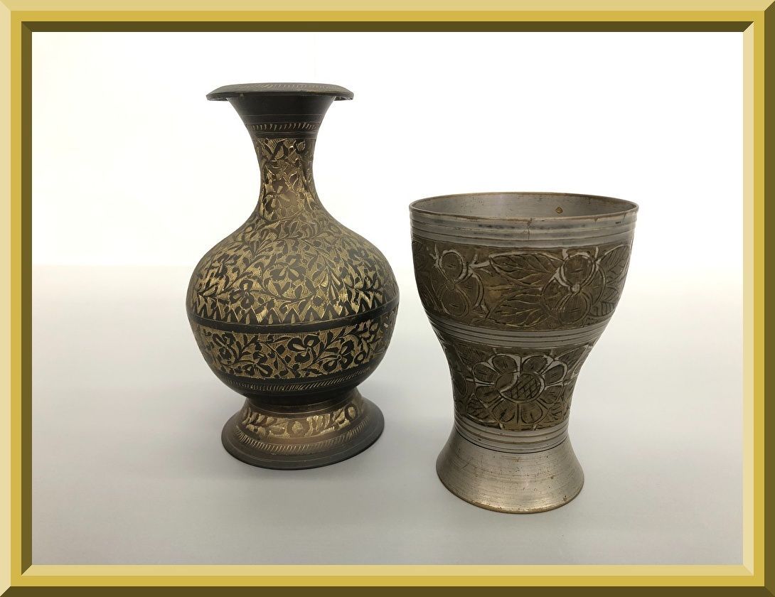 パキスタン製 アンティーク 骨董 2点おまとめ 真鍮製 手彫り 彫刻 彫金