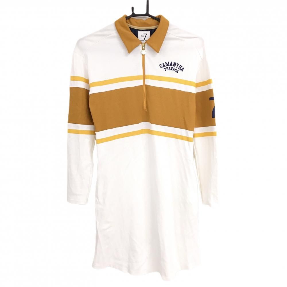 超美品】サマンサタバサNo.7 長袖ポロワンピース 白×イエローブラウン