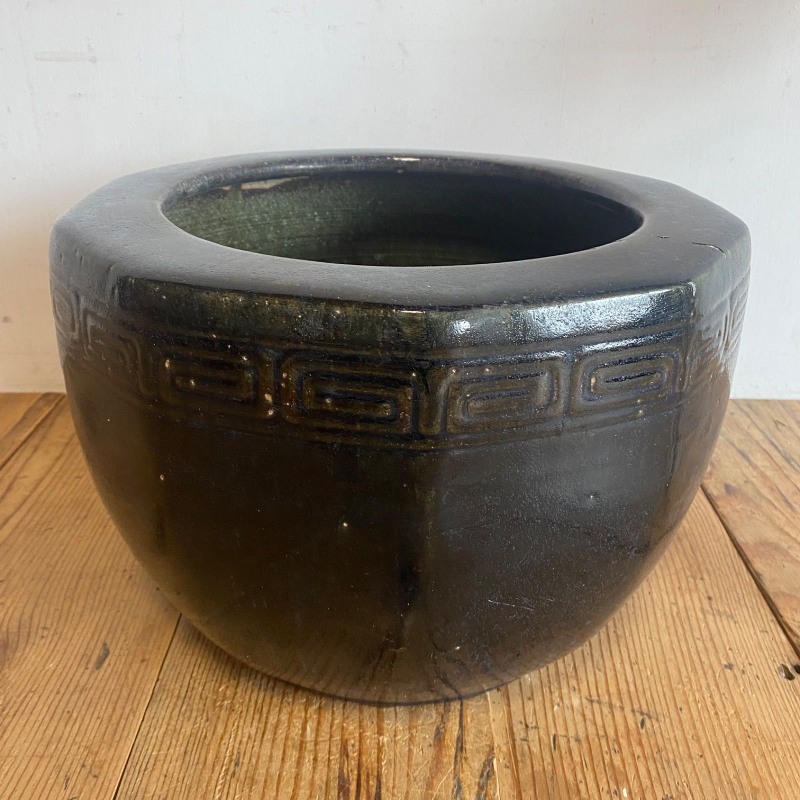 アンティーク 陶器製 備前焼 青海鼠釉 八角形 大型 火鉢 手あぶり 水鉢