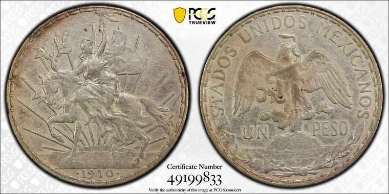1910 PCGS AU 詳細 - メキシコ KM-453 - シルバー カバリト ウン ペソ