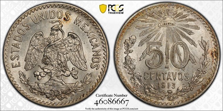 1913年 M PCGS MS64 | メキシコ - 50センタボ 50セント硬貨 - メルカリ