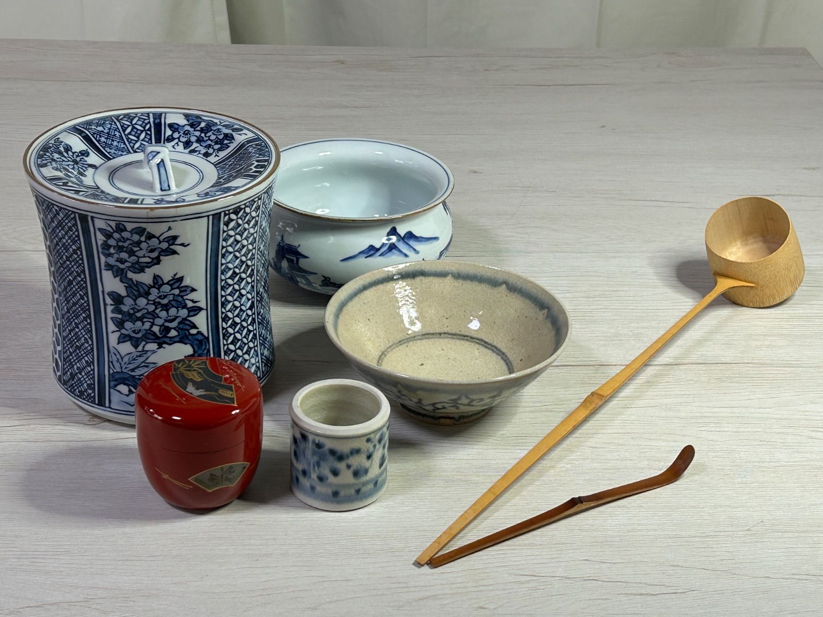 茶道具セット 茶碗 柄杓 棗/なつめ 蓋置 水指 建水 茶杓 7点セット