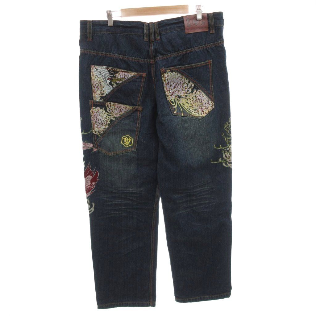 花鳥風月 タグ付き デニムパンツ ジーンズ ワイド 40 インディゴ 刺繍