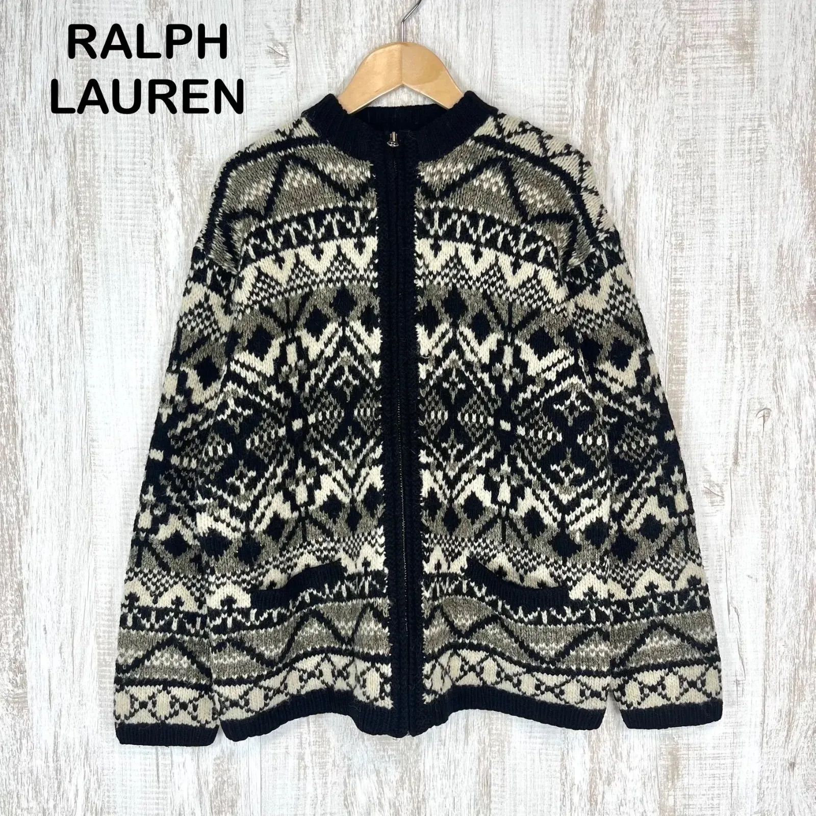 90s RALPH LAUREN POLO SPORTS ラルフローレンポロスポーツ ノルディック柄 総柄 ウール ニット フルジップアップ セーター ブラック メンズ トップス 厚手