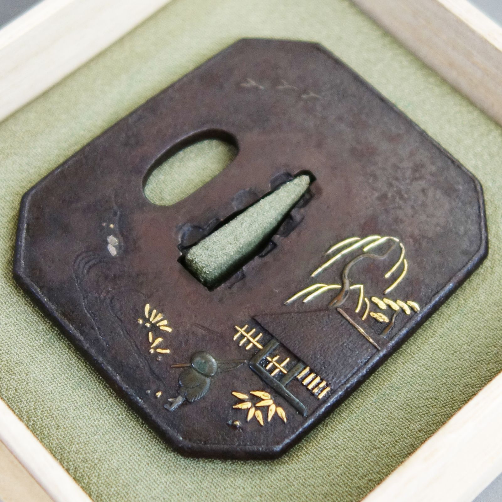 骨董逸品【太公望風景図鍔 鉄地 象嵌】 日本刀 刀装具 鍔 鐔 武具 江戸