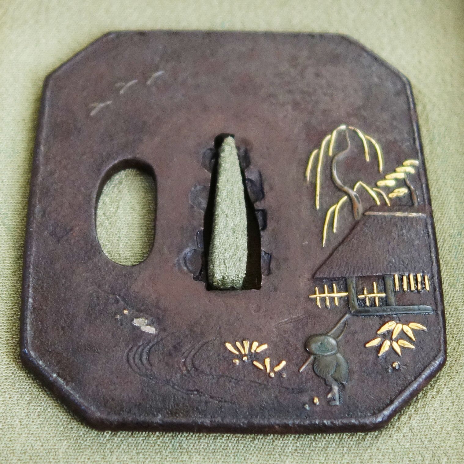 骨董逸品【太公望風景図鍔 鉄地 象嵌】 日本刀 刀装具 鍔 鐔 武具 江戸