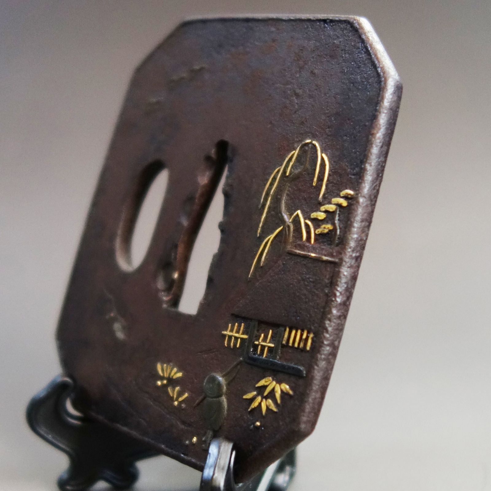 骨董逸品【太公望風景図鍔 鉄地 象嵌】 日本刀 刀装具 鍔 鐔 武具 江戸