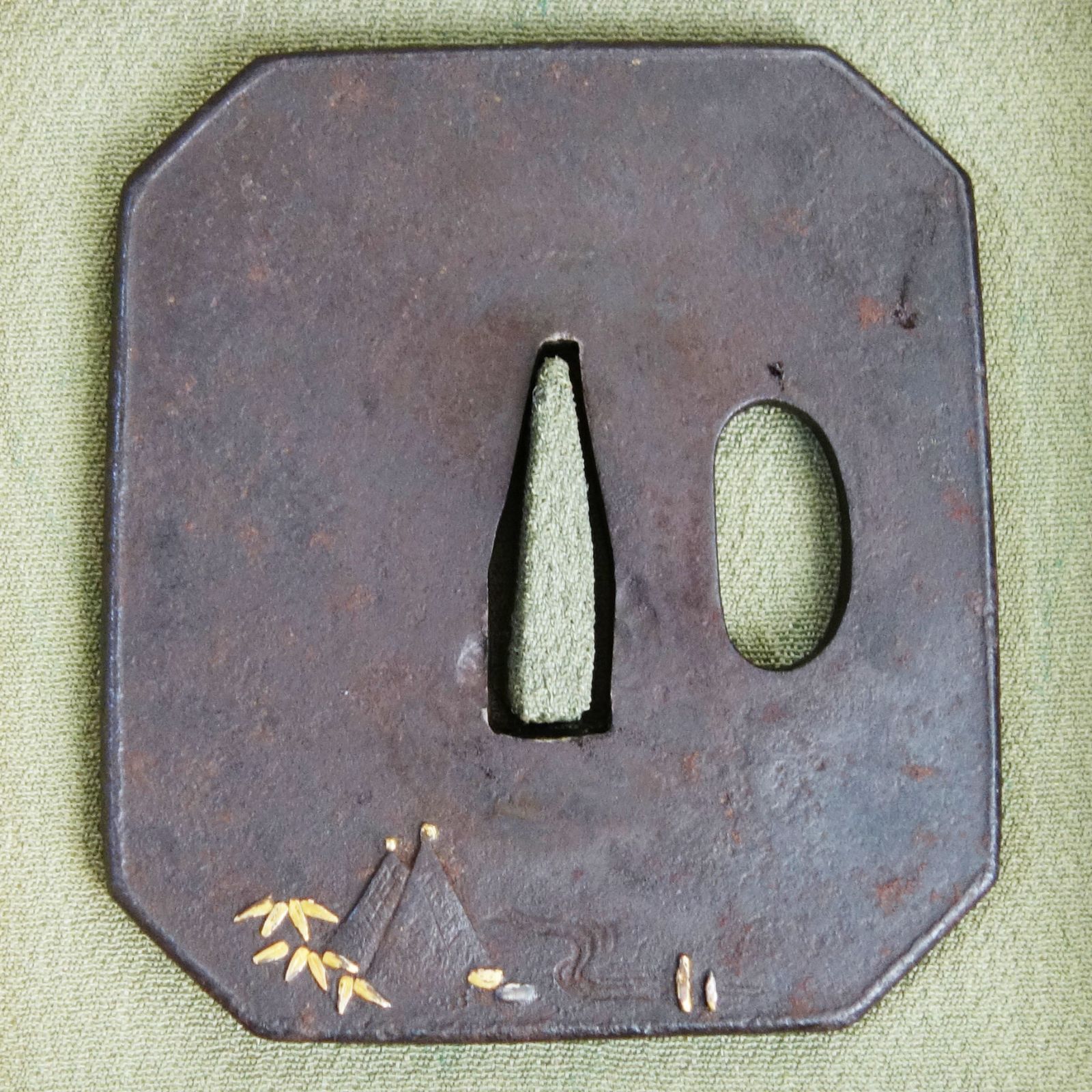 骨董逸品【太公望風景図鍔 鉄地 象嵌】 日本刀 刀装具 鍔 鐔 武具 江戸