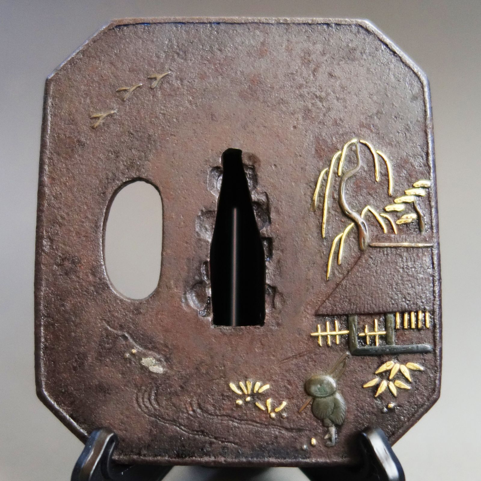 骨董逸品【太公望風景図鍔 鉄地 象嵌】 日本刀 刀装具 鍔 鐔 武具 江戸