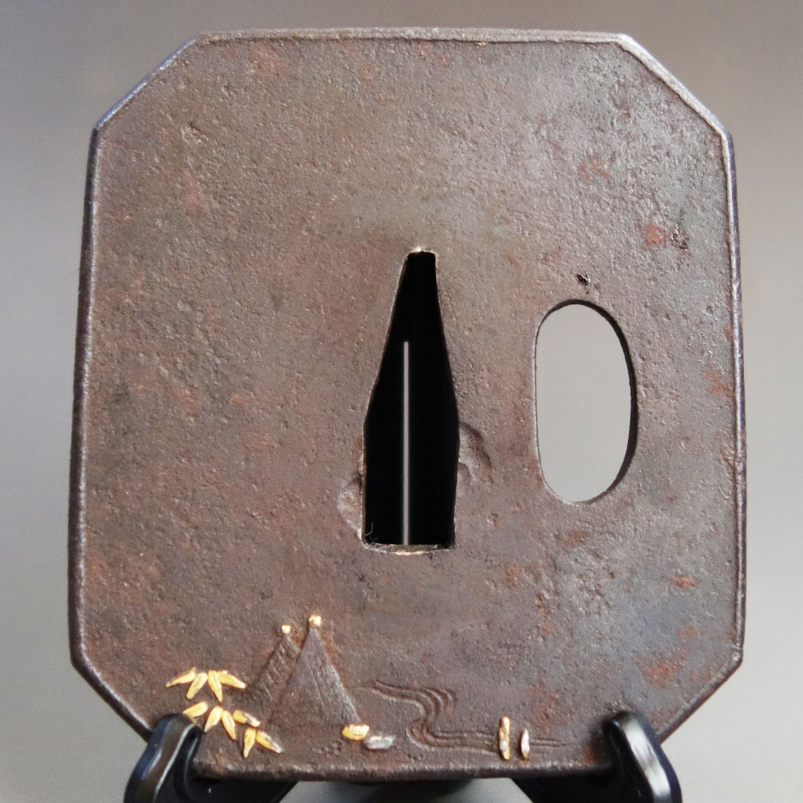 骨董逸品【太公望風景図鍔 鉄地 象嵌】 日本刀 刀装具 鍔 鐔 武具 江戸