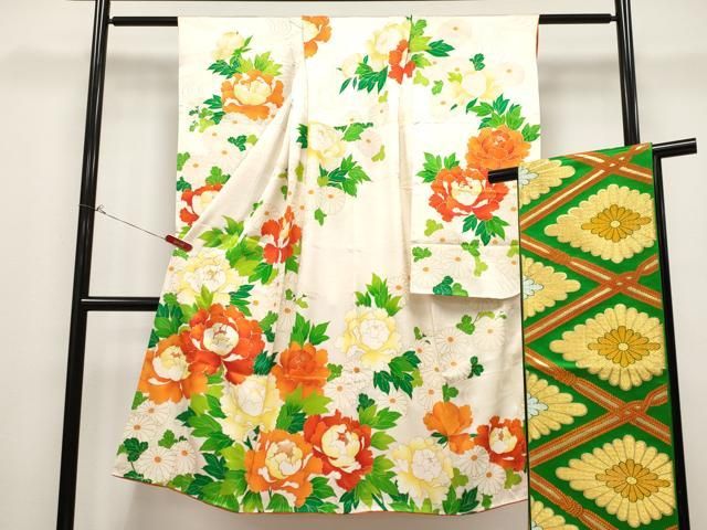 平和屋着物[]極上 七五三 女の子 7歳 祝着・袋帯セット 駒刺繍 牡丹