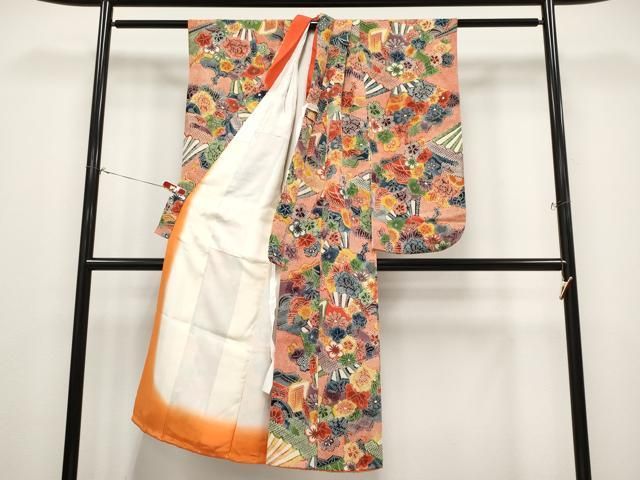 平和屋着物[]極上 七五三 女の子 7歳 祝着 型染め 鹿の子扇面花文 緋色