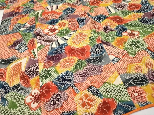 平和屋着物[]極上 七五三 女の子 7歳 祝着 型染め 鹿の子扇面花文 緋色