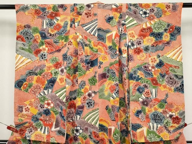 平和屋着物[]極上 七五三 女の子 7歳 祝着 型染め 鹿の子扇面花文 緋色