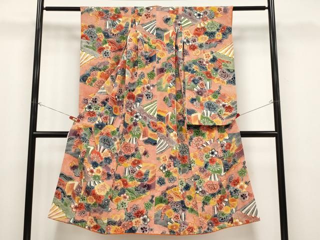 平和屋着物[]極上 七五三 女の子 7歳 祝着 型染め 鹿の子扇面花文 緋色