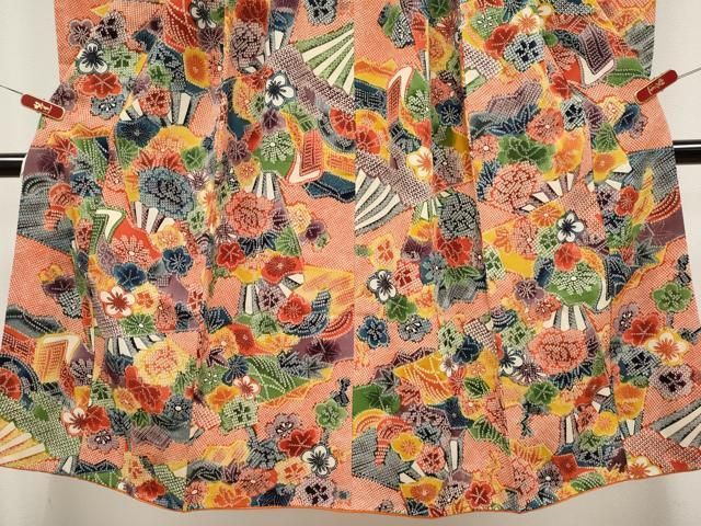 平和屋着物[]極上 七五三 女の子 7歳 祝着 型染め 鹿の子扇面花文 緋色