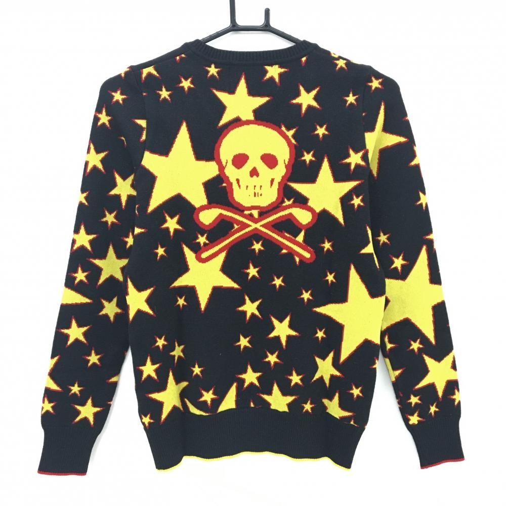 超美品】マークアンドロナ セーター 黒×イエロー 星総柄 Vネック ラメ