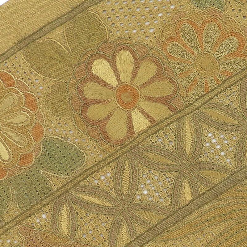 袋帯 おしゃれ袋帯 洒落用 汕頭刺繍 正絹 お太鼓柄 茶緑 紬 鳳凰 刺繍