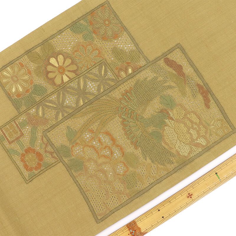 袋帯 おしゃれ袋帯 洒落用 汕頭刺繍 正絹 お太鼓柄 茶緑 紬 鳳凰 刺繍