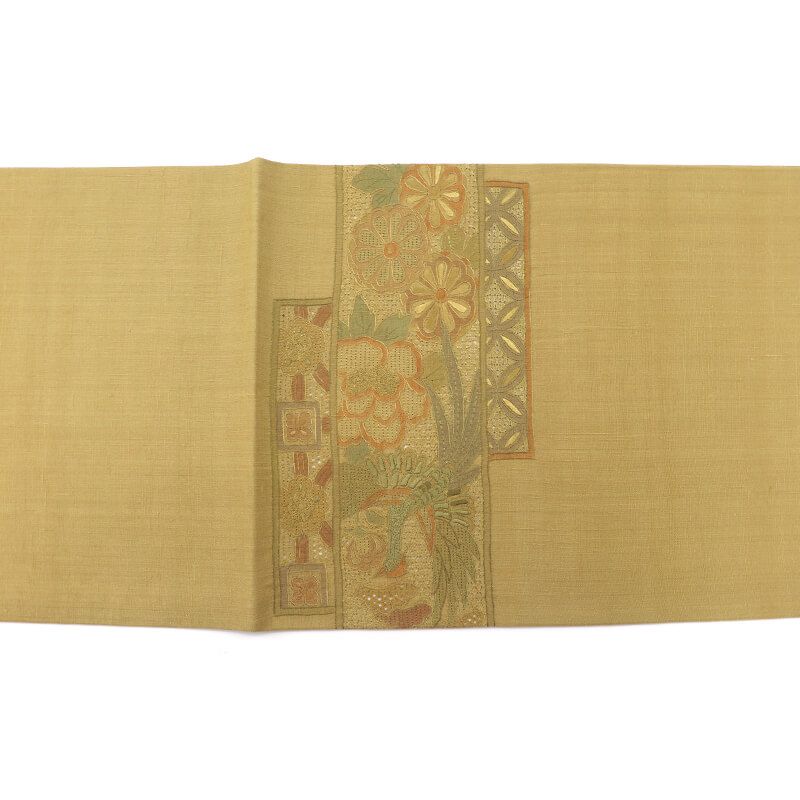 袋帯 おしゃれ袋帯 洒落用 汕頭刺繍 正絹 お太鼓柄 茶緑 紬 鳳凰 刺繍