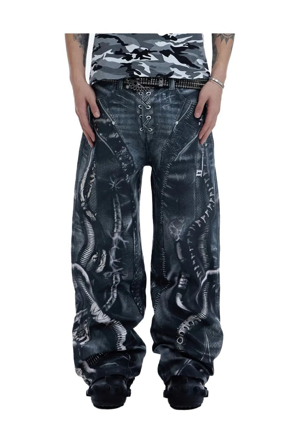 DND4DES｜INDUSTRIAL PIPE LACE UP GRAPHIC BAGGY JEANS