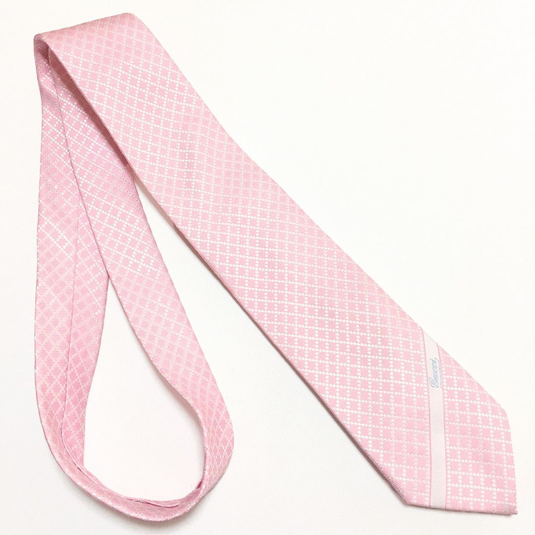 未使用級 グッチ GUCCI ネクタイ シルク100% ピンク / ホワイト